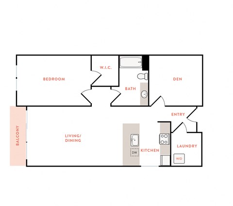 Floor plan for 1 bed, 1 bath, 937 sqft